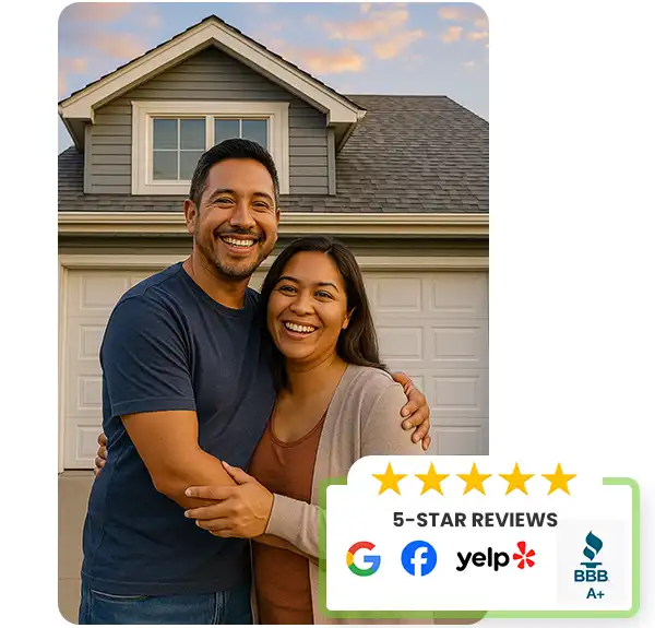 Satisfied customers in front of newly repaired garage door in Coral Springs, FL
